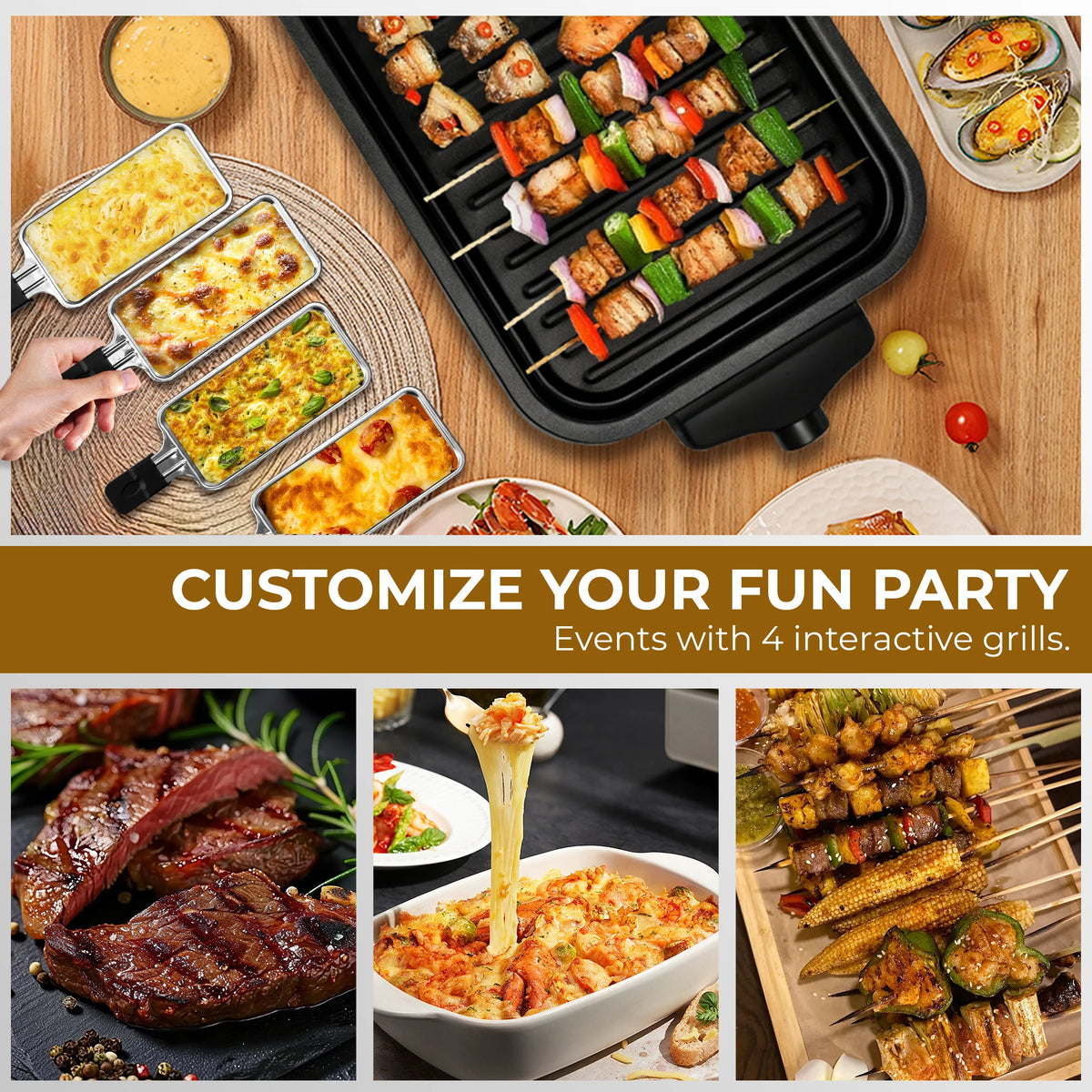 Parrilla Raclette Eléctrica de Mesa con 4 Mini Sartenes y Superficie Antiadherente para Barbacoa – Parrilla de Fiesta Interior con Temperatura Ajustable
