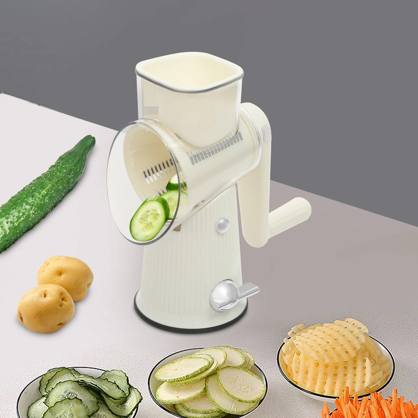 Rotary Cheese Grater with 5 Interchangeable Blades – Manual Vegetable Slicer & Food Chopper – Suction Base Kitchen Tool