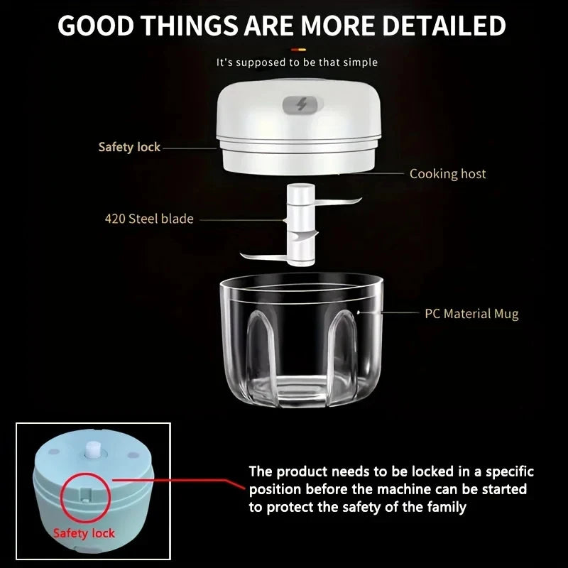 250ml USB Rechargeable Mini Electric Food Chopper Garlic Onion Vegetable Meat Grinder BPA-Free Portable Food Processor