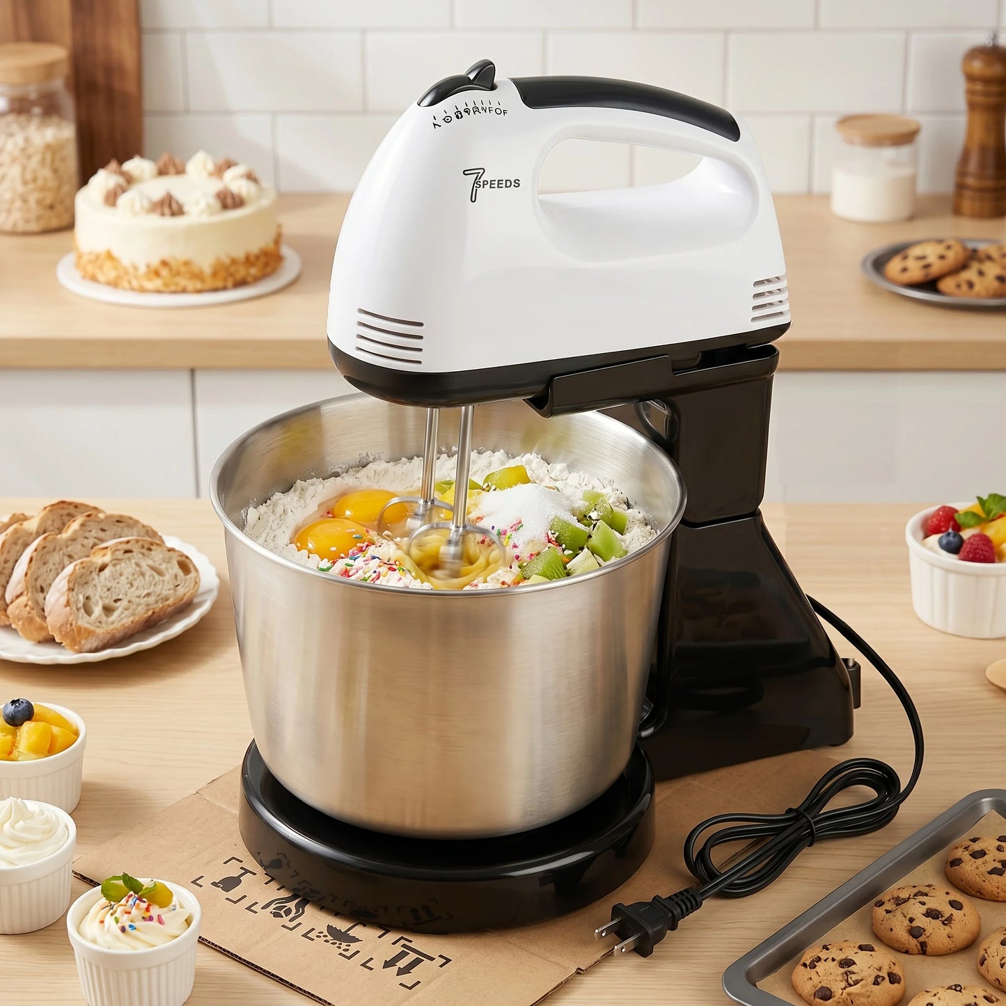 7-Speed Electric Hand Mixer with Rotating Bowl & Stand – 100W Baking Mixer for Eggs, Cream & Cake