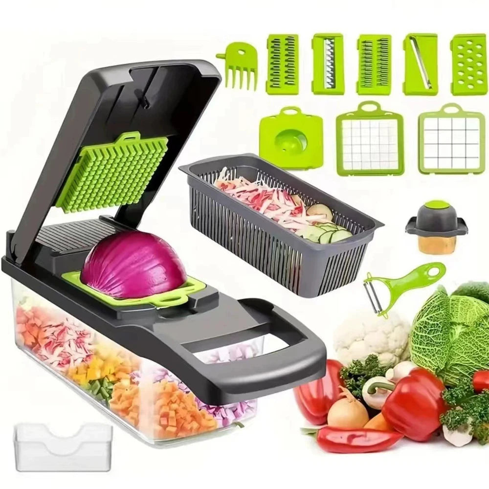 12.5" Multifunction Vegetable Chopper | 8 Interchangeable Blades Food Slicer, Onion Dicer, Fruit Cutter, Kitchen Mandoline with Storage Container