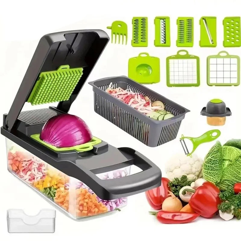 12.5" Multifunction Vegetable Chopper | 8 Interchangeable Blades Food Slicer, Onion Dicer, Fruit Cutter, Kitchen Mandoline with Storage Container