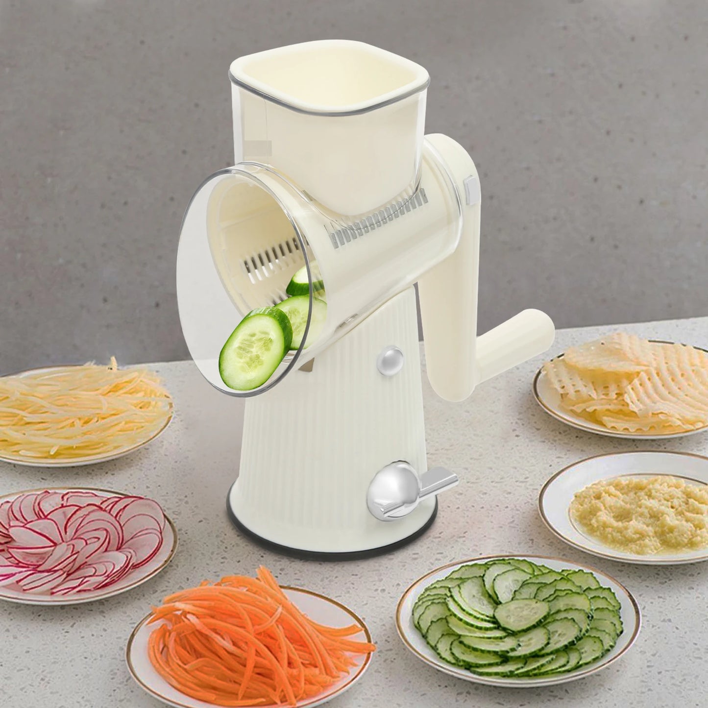Rotary Cheese Grater with 5 Interchangeable Blades – Manual Vegetable Slicer & Food Chopper – Suction Base Kitchen Tool