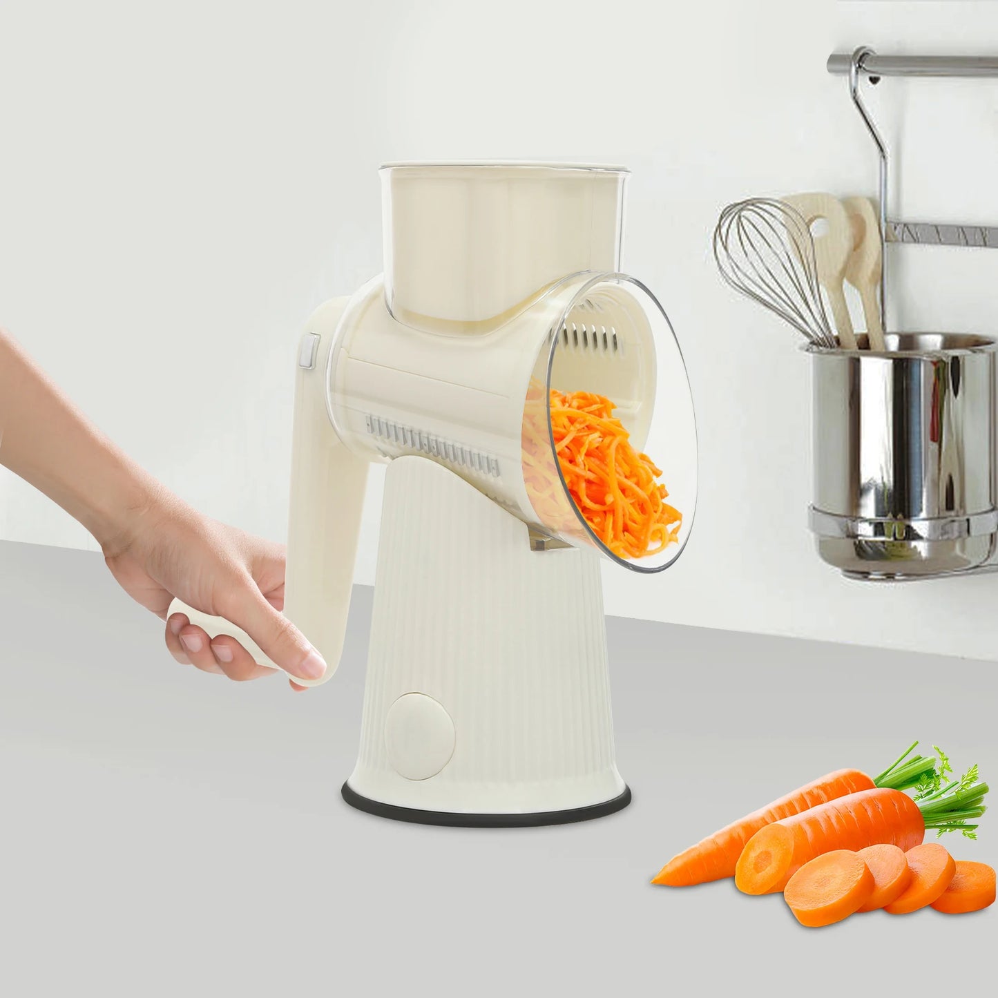 Rotary Cheese Grater with 5 Interchangeable Blades – Manual Vegetable Slicer & Food Chopper – Suction Base Kitchen Tool
