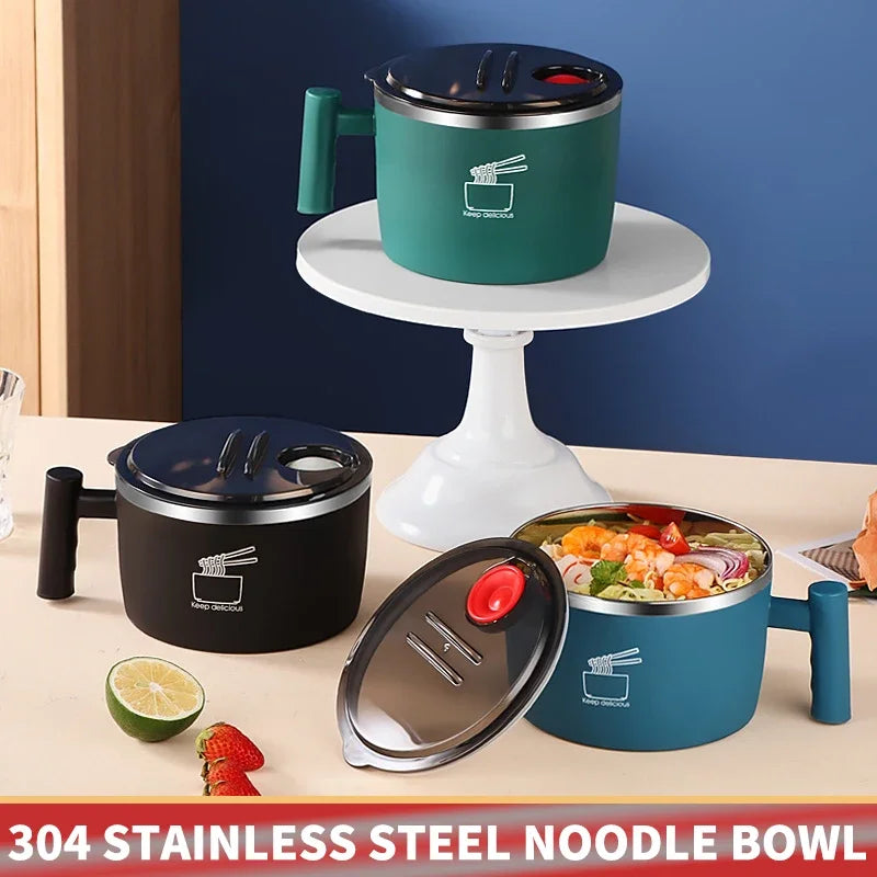 Stainless Steel Noodle Bowl with Lid – Portable Food Container with Drain & Handle