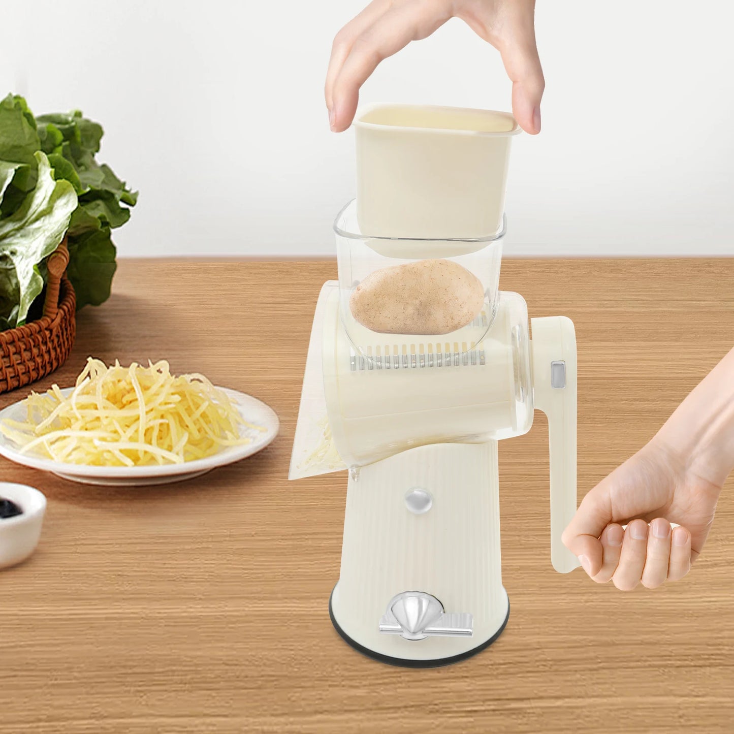 Rotary Cheese Grater with 5 Interchangeable Blades – Manual Vegetable Slicer & Food Chopper – Suction Base Kitchen Tool