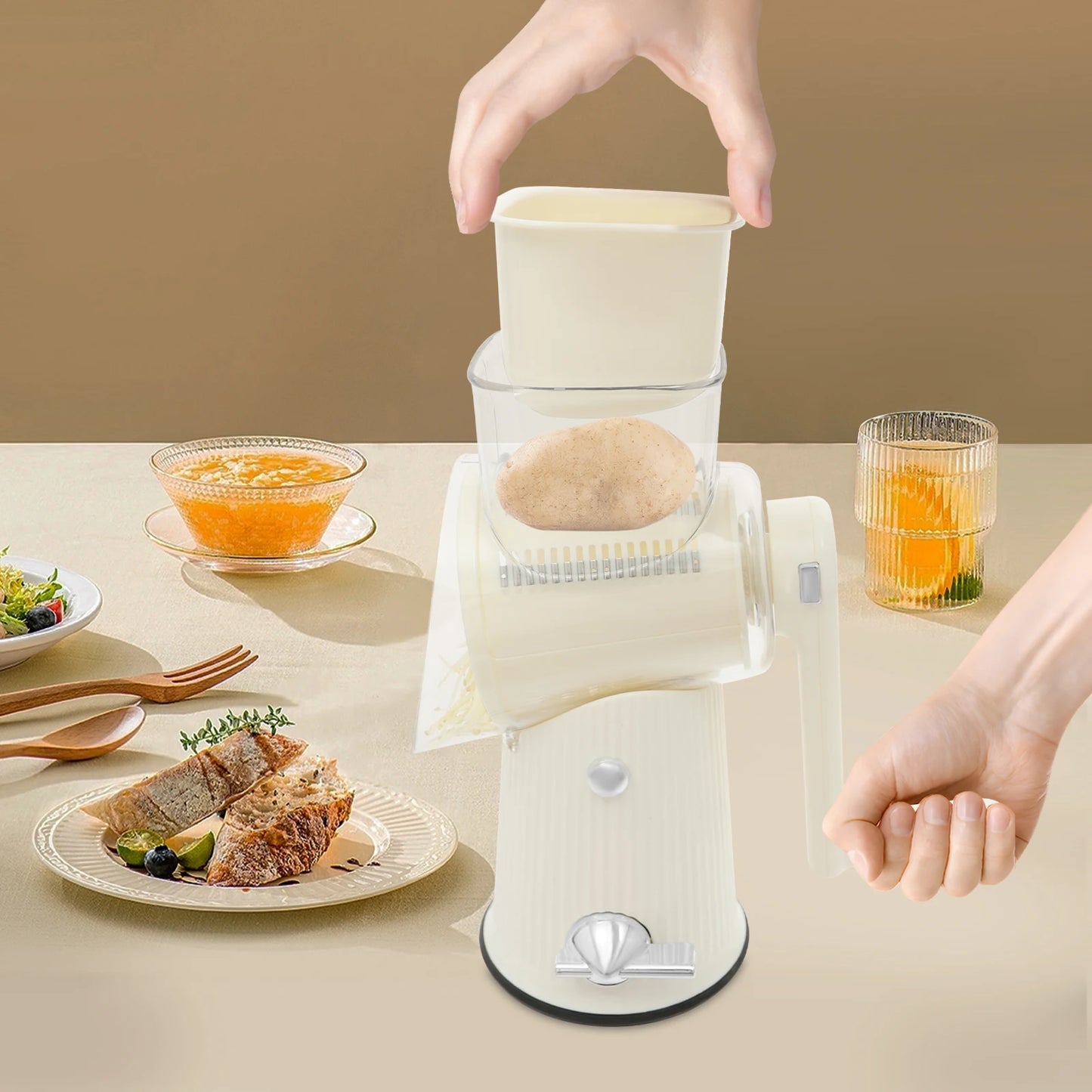 Rotary Cheese Grater with 5 Interchangeable Blades – Manual Vegetable Slicer & Food Chopper – Suction Base Kitchen Tool