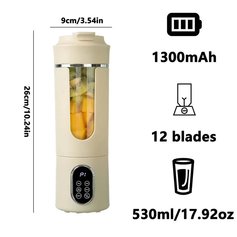 530ml Portable Blender Cup | 12 Stainless Steel Blades USB Rechargeable Personal Smoothie Juicer with 4 Speeds