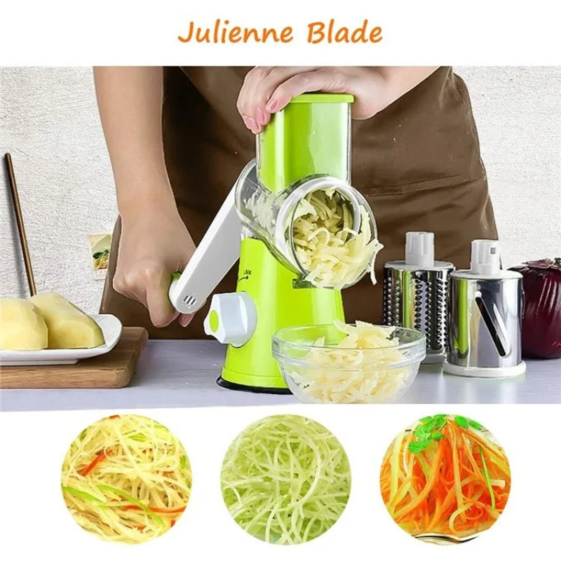 Manual Rotary Cheese Grater with 3 Drums Vegetable Slicer & Shredder