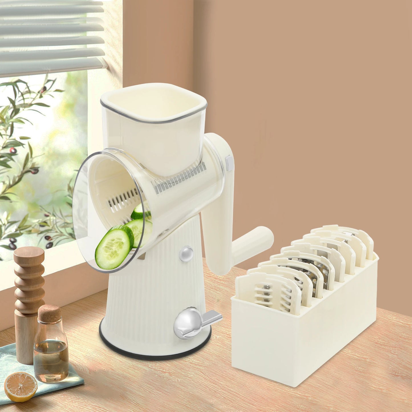 Rotary Cheese Grater with 5 Interchangeable Blades – Manual Vegetable Slicer & Food Chopper – Suction Base Kitchen Tool