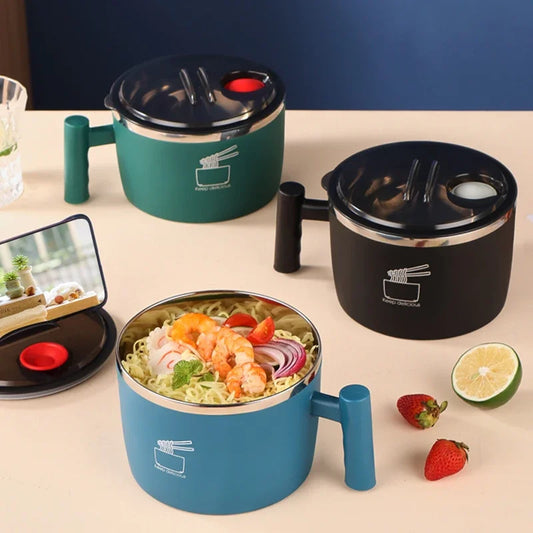 Stainless Steel Noodle Bowl with Lid – Portable Food Container with Drain & Handle