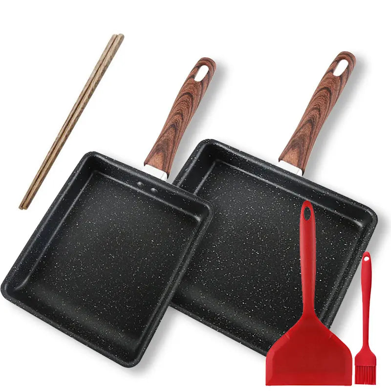 4-Piece Japanese Tamagoyaki Pan Set – Horizontal Nonstick Omelette & Steak Frying Pan with Silicone & Wooden Accessories