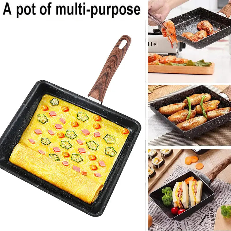 4-Piece Japanese Tamagoyaki Pan Set – Horizontal Nonstick Omelette & Steak Frying Pan with Silicone & Wooden Accessories