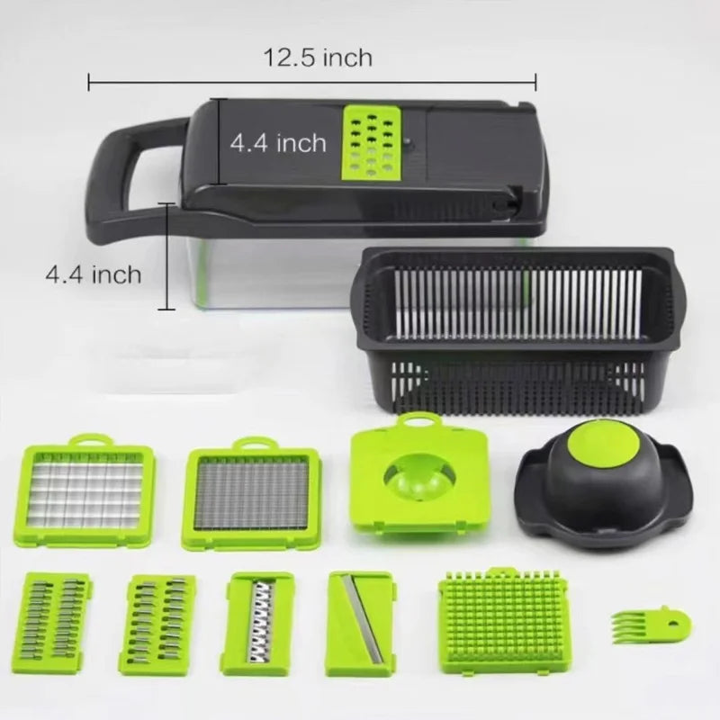12.5" Multifunction Vegetable Chopper | 8 Interchangeable Blades Food Slicer, Onion Dicer, Fruit Cutter, Kitchen Mandoline with Storage Container