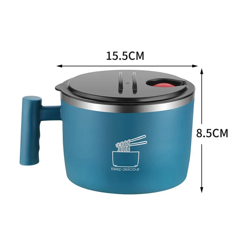 Stainless Steel Noodle Bowl with Lid – Portable Food Container with Drain & Handle