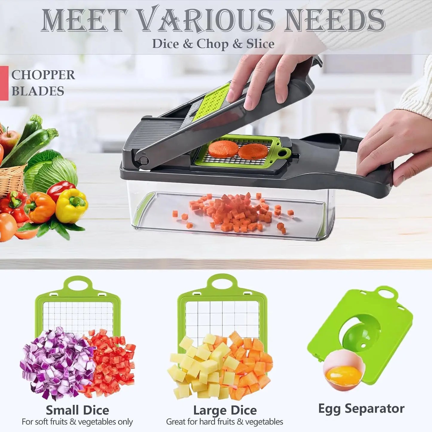 12.5" Multifunction Vegetable Chopper | 8 Interchangeable Blades Food Slicer, Onion Dicer, Fruit Cutter, Kitchen Mandoline with Storage Container