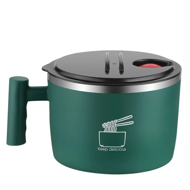 Stainless Steel Noodle Bowl with Lid – Portable Food Container with Drain & Handle