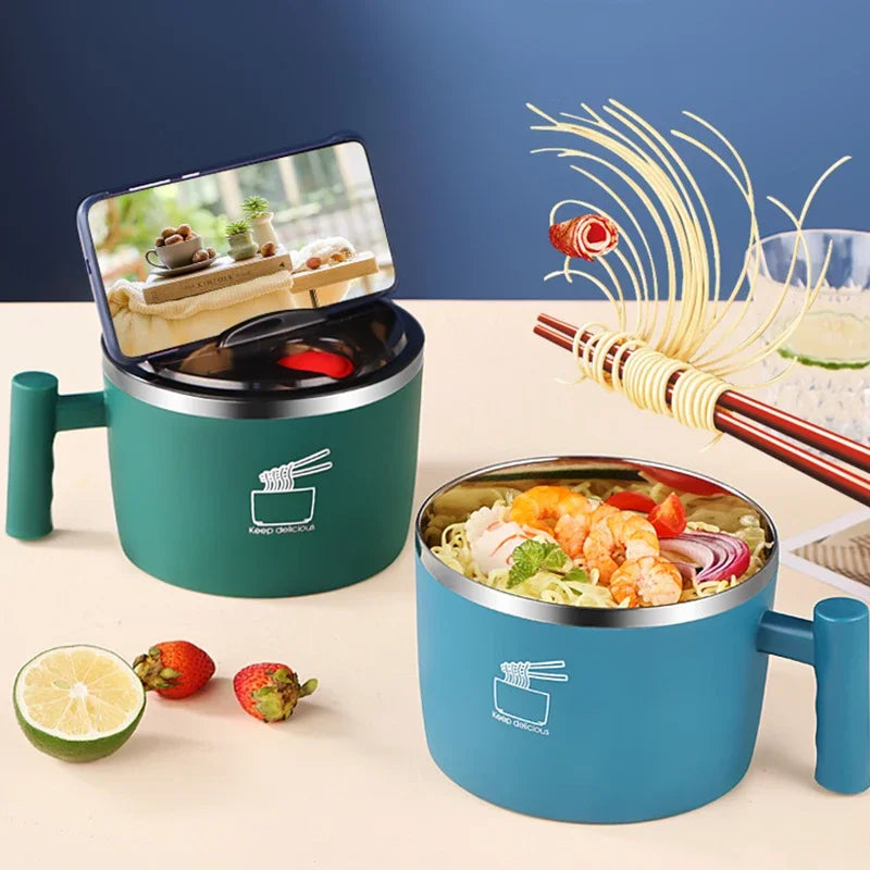 Stainless Steel Noodle Bowl with Lid – Portable Food Container with Drain & Handle