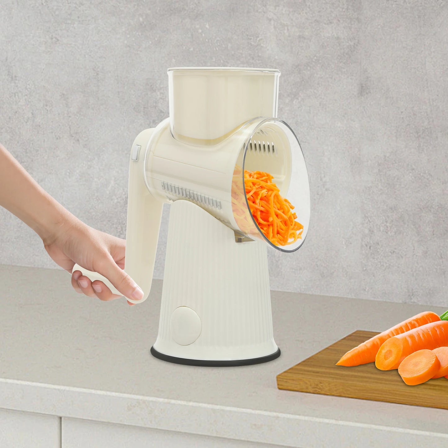 Rotary Cheese Grater with 5 Interchangeable Blades – Manual Vegetable Slicer & Food Chopper – Suction Base Kitchen Tool