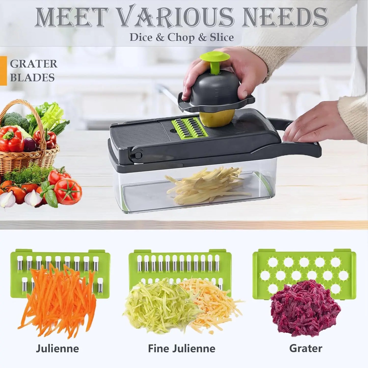 12.5" Multifunction Vegetable Chopper | 8 Interchangeable Blades Food Slicer, Onion Dicer, Fruit Cutter, Kitchen Mandoline with Storage Container