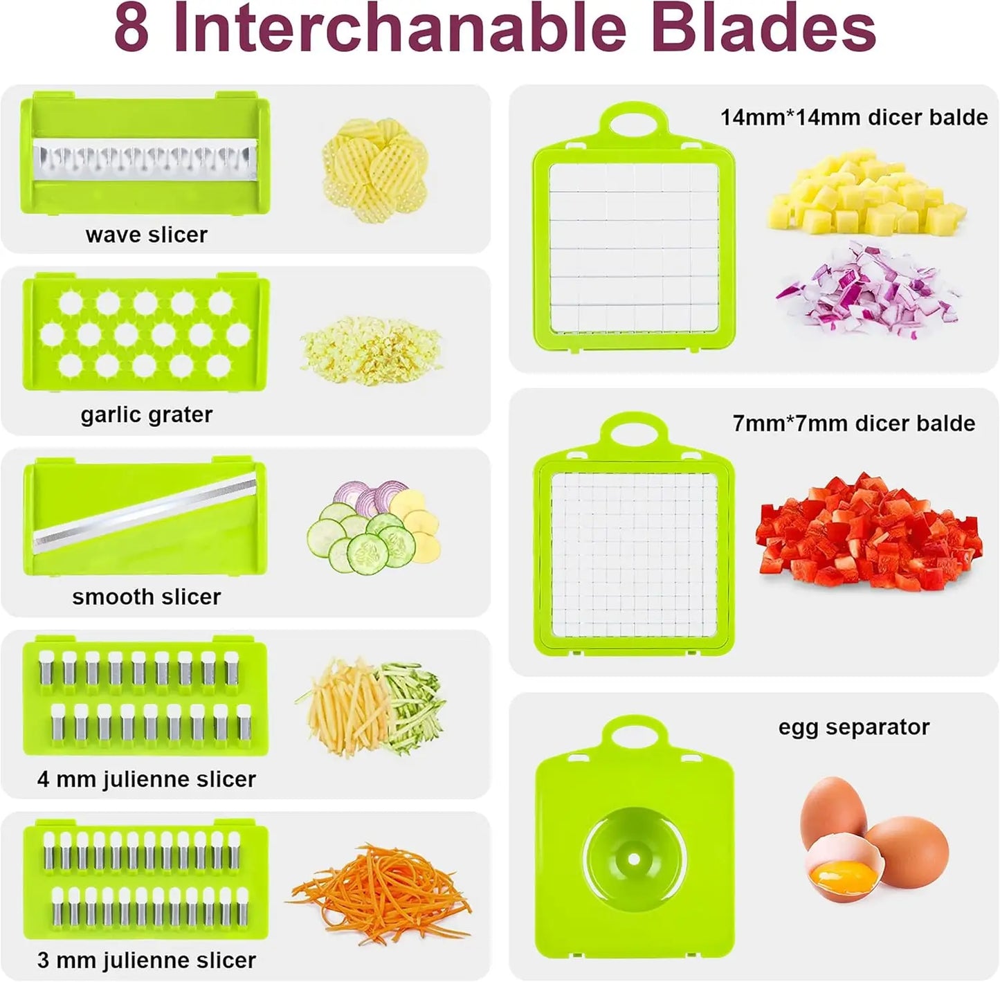 12.5" Multifunction Vegetable Chopper | 8 Interchangeable Blades Food Slicer, Onion Dicer, Fruit Cutter, Kitchen Mandoline with Storage Container