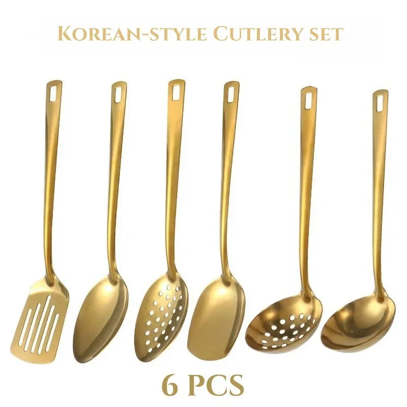 6-Piece Korean Style Stainless Steel Cutlery Set – Elegant Spoon & Fork Set for Dining