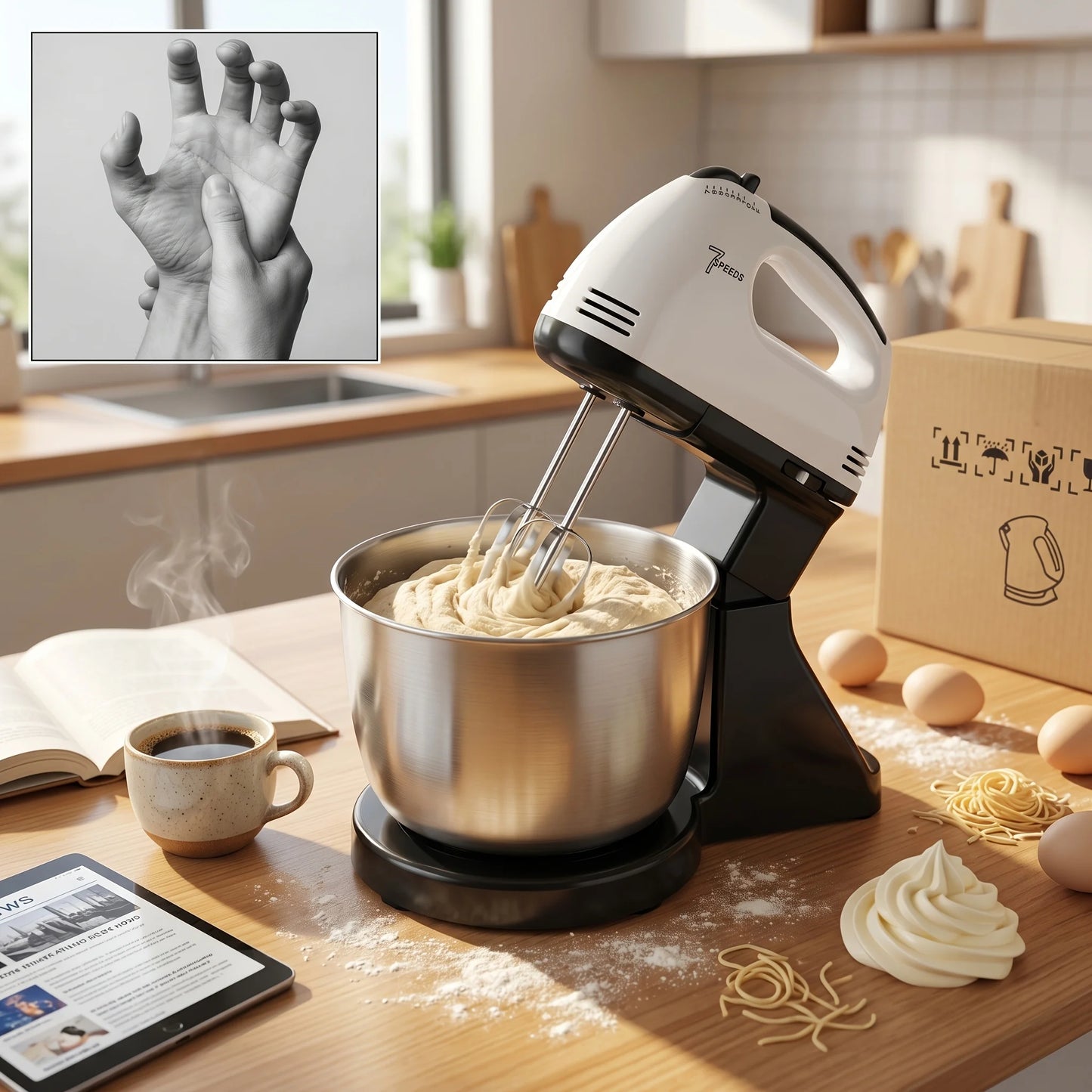 7-Speed Electric Hand Mixer with Rotating Bowl & Stand – 100W Baking Mixer for Eggs, Cream & Cake